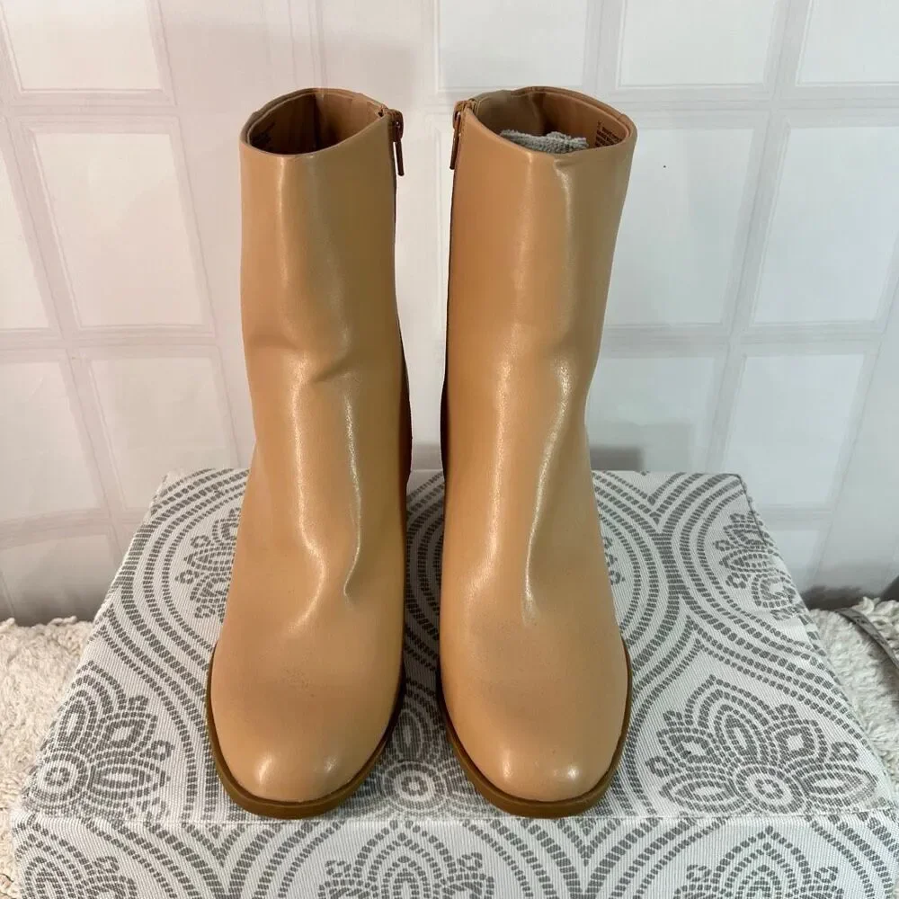 A New Day Tan Almond Toe Side Zip Block Heel Janelle Ankle Dress Bootie Size 11